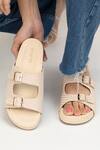 Buy_Tic Tac Toe Footwear_Beige Animal Skin Basket Weave Double Buckle Strap Flats _at_Aza_Fashions