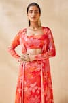 Buy_Ankita Dharman_Red Blouse And Skirt Butter Crepe Floral Jacket Blossom Pattern Draped Set 