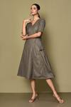 Buy_Naintara Bajaj_Grey Slub Cotton Plain V Neck Solid Fit And Flare Midi Dress _at_Aza_Fashions