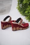 Shop_Shradha Hedau Footwear Couture_Maroon Embroidery Sayeja Cutdana Wedges _at_Aza_Fashions