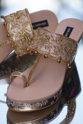 Buy_Shradha Hedau Footwear Couture_Gold Embroidery, Zari Anika Strap Embellished Platform Wedges _at_Aza_Fashions