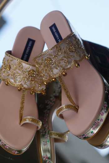 Shop_Shradha Hedau Footwear Couture_Gold Embroidery, Zari Anika Strap Embellished Platform Wedges _at_Aza_Fashions