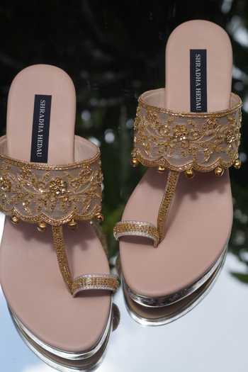 Buy_Shradha Hedau Footwear Couture_Gold Embroidery, Zari Anika Strap Embellished Platform Wedges _Online_at_Aza_Fashions