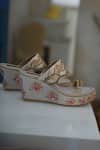 Shop_Shradha Hedau Footwear Couture_Beige Embroidery Verena Flower Strap Wedges _at_Aza_Fashions