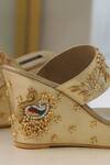 Shop_Shradha Hedau Footwear Couture_Gold Embroidery Hera Peacock Wedges _at_Aza_Fashions