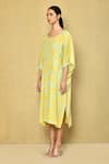 Khwaab by Sanjana Lakhani_Yellow Cotton Hand Block Printed Leaf Round Kaftan _at_Aza_Fashions