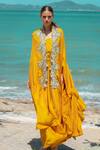 Buy_PDS by SNEHA_Yellow Silk Embroidered Open Long Dress With Cape  _at_Aza_Fashions