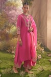 Buy_Charu Makkar_Pink Pure Organza Dabka Embroidery Mor Gardenia Kurta Pant Set For Kids_at_Aza_Fashions