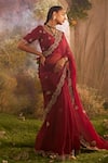 Charu Makkar_Maroon Silk Organza Blossom Border Saree With Unstitched Blouse Piece _Online_at_Aza_Fashions
