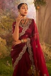 Buy_Charu Makkar_Maroon Silk Organza Blossom Border Saree With Unstitched Blouse Piece _Online_at_Aza_Fashions