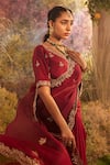 Shop_Charu Makkar_Maroon Silk Organza Blossom Border Saree With Unstitched Blouse Piece _Online_at_Aza_Fashions