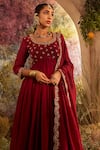 Charu Makkar_Maroon Soft Chanderi Embroidered Round Hand Anarkali And Palazzo Set _Online_at_Aza_Fashions