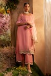 Buy_Charu Makkar_Pink Chanderi Tissue Embroidered Round Scallop Straight Kurta Pant Set _at_Aza_Fashions