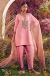Buy_Charu Makkar_Pink Silk Sequins Split V-neck Marodi And Work Kurta Tulip Pant Set _at_Aza_Fashions