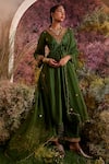 Buy_Charu Makkar_Green Organza, Organza, Embroidery V-neck A-line Kurta Pant Set _at_Aza_Fashions