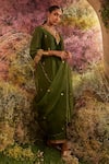 Charu Makkar_Green Organza, Organza, Embroidery V-neck A-line Kurta Pant Set _Online_at_Aza_Fashions