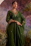 Buy_Charu Makkar_Green Organza, Organza, Embroidery V-neck A-line Kurta Pant Set _Online_at_Aza_Fashions