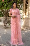 Buy_Geroo Jaipur_Pink Saree Chiffon Hand Embroidered Gota Patti With Unstitched Blouse Piece _at_Aza_Fashions