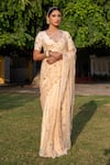 Buy_Geroo Jaipur_Beige Saree Chiffon Hand Embroidered Gota Patti With Unstitched Blouse Piece _at_Aza_Fashions