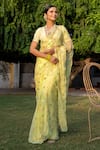 Buy_Geroo Jaipur_Green Saree Chiffon Hand Embroidered Mughal With Unstitched Blouse Piece _at_Aza_Fashions