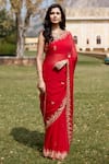 Buy_Geroo Jaipur_Red Saree Chiffon Hand Embroidered And Gota Work With Unstitched Blouse Piece _Online_at_Aza_Fashions