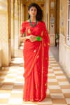 Buy_Geroo Jaipur_Red Saree Chiffon Hand Embroidered Paisley Gota With Unstitched Blouse Piece _at_Aza_Fashions