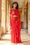 Geroo Jaipur_Red Saree Chiffon Hand Embroidered Paisley Gota With Unstitched Blouse Piece _Online_at_Aza_Fashions