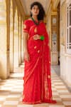 Shop_Geroo Jaipur_Red Saree Chiffon Hand Embroidered Paisley Gota With Unstitched Blouse Piece _Online_at_Aza_Fashions