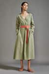 Buy_MATI_Green Cotton Plain V Neck Overlapped Midi Dress With Belt _at_Aza_Fashions