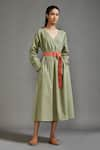 MATI_Green Cotton Plain V Neck Overlapped Midi Dress With Belt _Online_at_Aza_Fashions