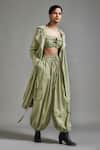 MATI_Green Cotton Collared, Open Neck Trench Coat Cargo Pant Set _at_Aza_Fashions