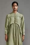 MATI_Green Cotton Plain Chinese Collar Button Down Midi Dress _Online_at_Aza_Fashions