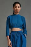 Shop MATI_1 Blue Cotton High Neck Ribbed Waist Crop Top With Baggy Cargo Pant Online at Aza Fashions Shop_MATI_1_Blue Cotton High Neck Ribbed Waist Crop Top With Baggy Cargo Pant _Online_at_Aza_Fashions