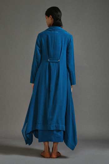 Shop_MATI_Blue Cotton Boat Neck, Safari Koza Asymmetric Jacket With Side Cowl Draped Dress _at_Aza_Fashions