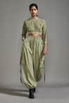 Buy_MATI_Green Cotton Plain High Neck Crop Top With Baggy Cargo Pant _Online_at_Aza_Fashions