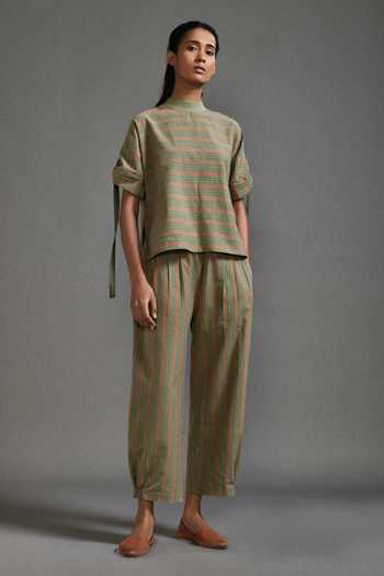 Buy_MATI_Green Cotton High Neck Bayadere Striped Low Top With Pant _at_Aza_Fashions