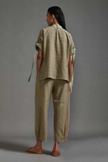 Shop_MATI_Green Cotton High Neck Bayadere Striped Low Top With Pant _at_Aza_Fashions