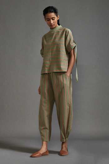 MATI_Green Cotton High Neck Bayadere Striped Low Top With Pant _Online_at_Aza_Fashions