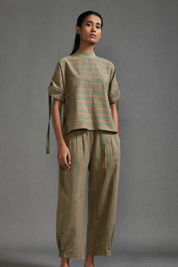 Buy_MATI_Green Cotton High Neck Bayadere Striped Low Top With Pant _Online_at_Aza_Fashions