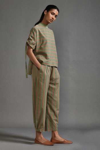 Shop_MATI_Green Cotton High Neck Bayadere Striped Low Top With Pant _Online_at_Aza_Fashions
