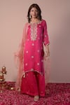 Buy_Surabhi Arya_Magenta Organza Embroidery Gota Round Flower Kurta Sharara Set _at_Aza_Fashions