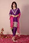 Surabhi Arya_Purple Kurta And Dhoti Pant Bamberg Silk Embroidery Zari Notched Neckline Set _Online_at_Aza_Fashions