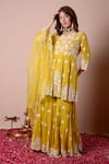 Buy_Surabhi Arya_Yellow Kurta Silk Chanderi Embroidery Dori Scallop V Neck Gharara Set_at_Aza_Fashions