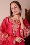 Surabhi Arya_Red Kurta Bamberg Silk Embroidery Dori Notched Floral Patchwork Set _at_Aza_Fashions