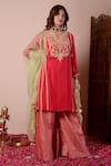 Buy_Surabhi Arya_Red Kurta Georgette Embroidery Zari Notched Sharara Set _at_Aza_Fashions