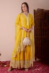 Buy_Surabhi Arya_Yellow Dupatta Organza Embroidery Dori V Neck Chanderi Kurta Set _at_Aza_Fashions