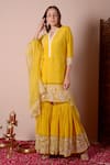 Buy_Surabhi Arya_Yellow Dupatta Organza Embroidery Dori V Neck Chanderi Kurta Set _Online_at_Aza_Fashions