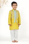 Buy_LA Dee DA_Yellow Silk, Cotton Embroidery Geometric Print Bundi Kurta Set _at_Aza_Fashions