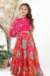 Shop_LA Dee DA_Pink Silk, Cotton, Organza Sequins, Printed Tiered Lehenga And Draped Top Set _at_Aza_Fashions