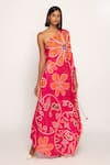 Saaksha & Kinni_Pink 100% Silk Print Marigold Bandhani Asymmetric One Shoulder Kaftan _Online_at_Aza_Fashions